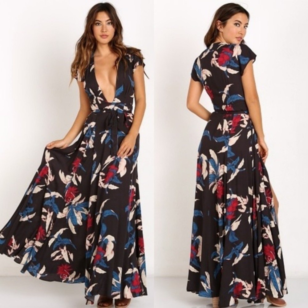 Tularosa Sid Wrap Dress Black Floral V-Neck Maxi Short Sleeve Boho Size S